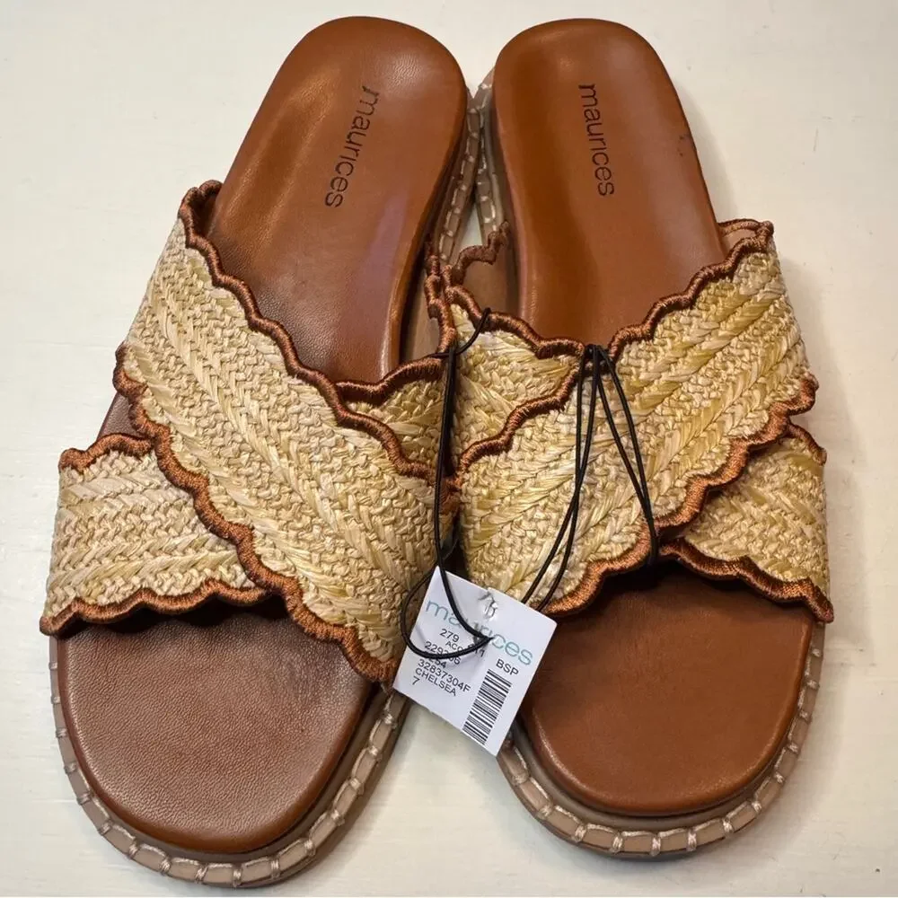 Maurices  Chelsea Tan and Brown Women's Slide Cross Strap Sandals  Sz 7  NWT